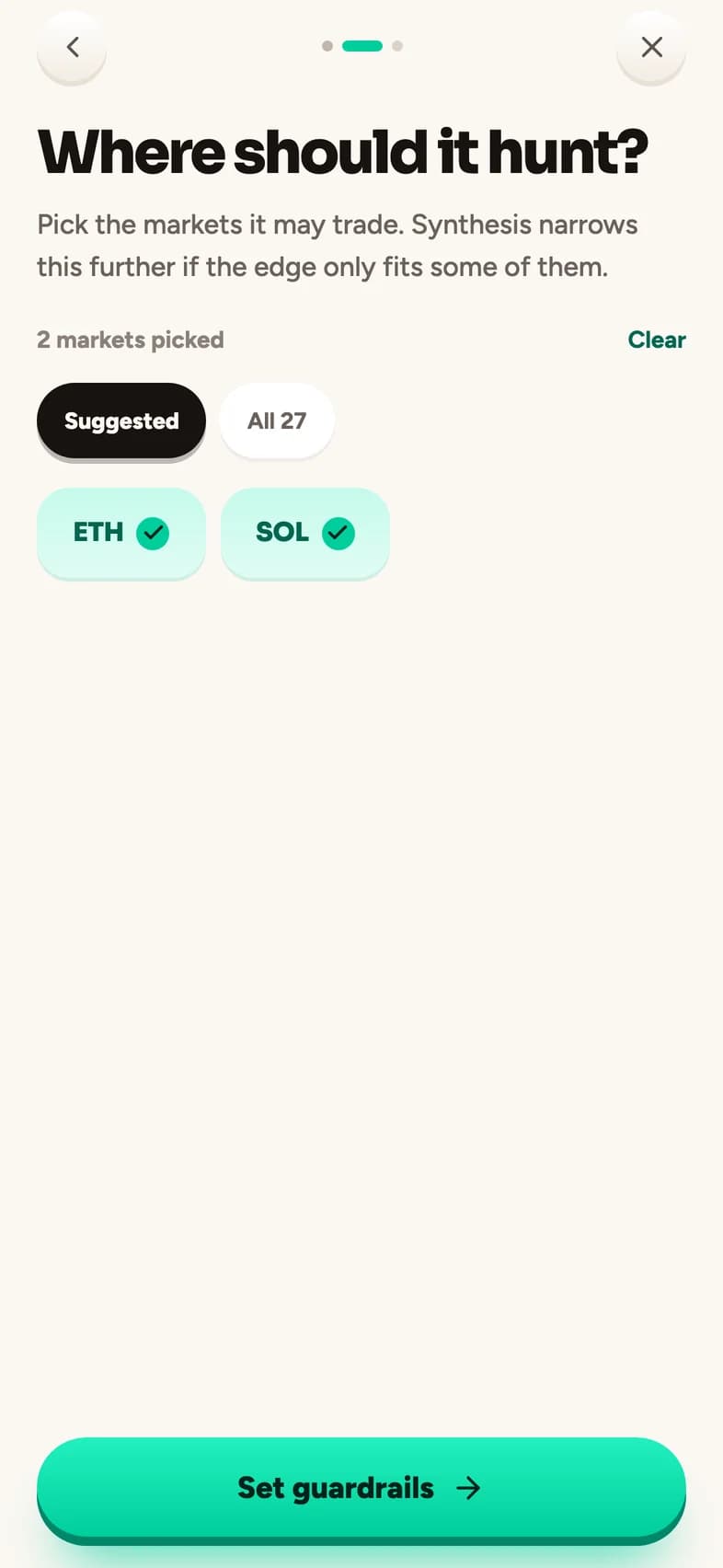 “Where should it hunt?” with ETH and SOL picked.
