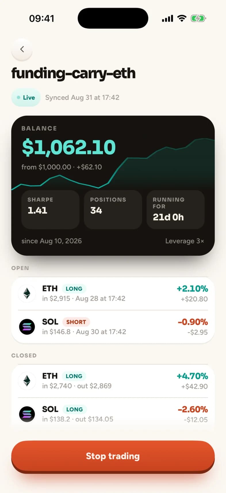 A live deployment: balance $1,062.10 from $1,000.00 with its curve, Sharpe 1.41, open and closed positions, and a Stop trading button.