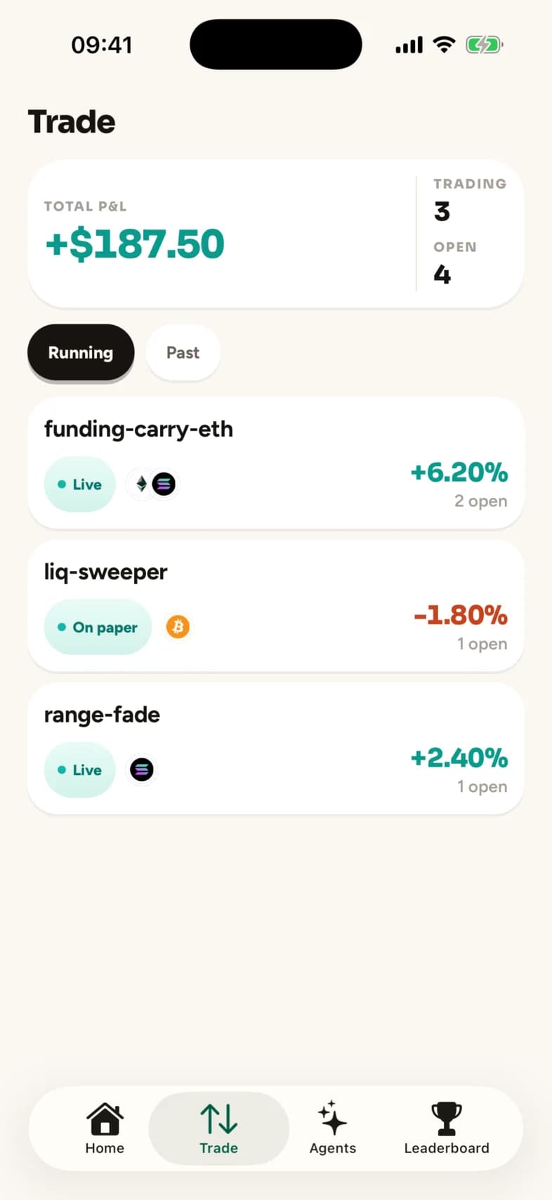 Trade: live and paper deployments side by side.